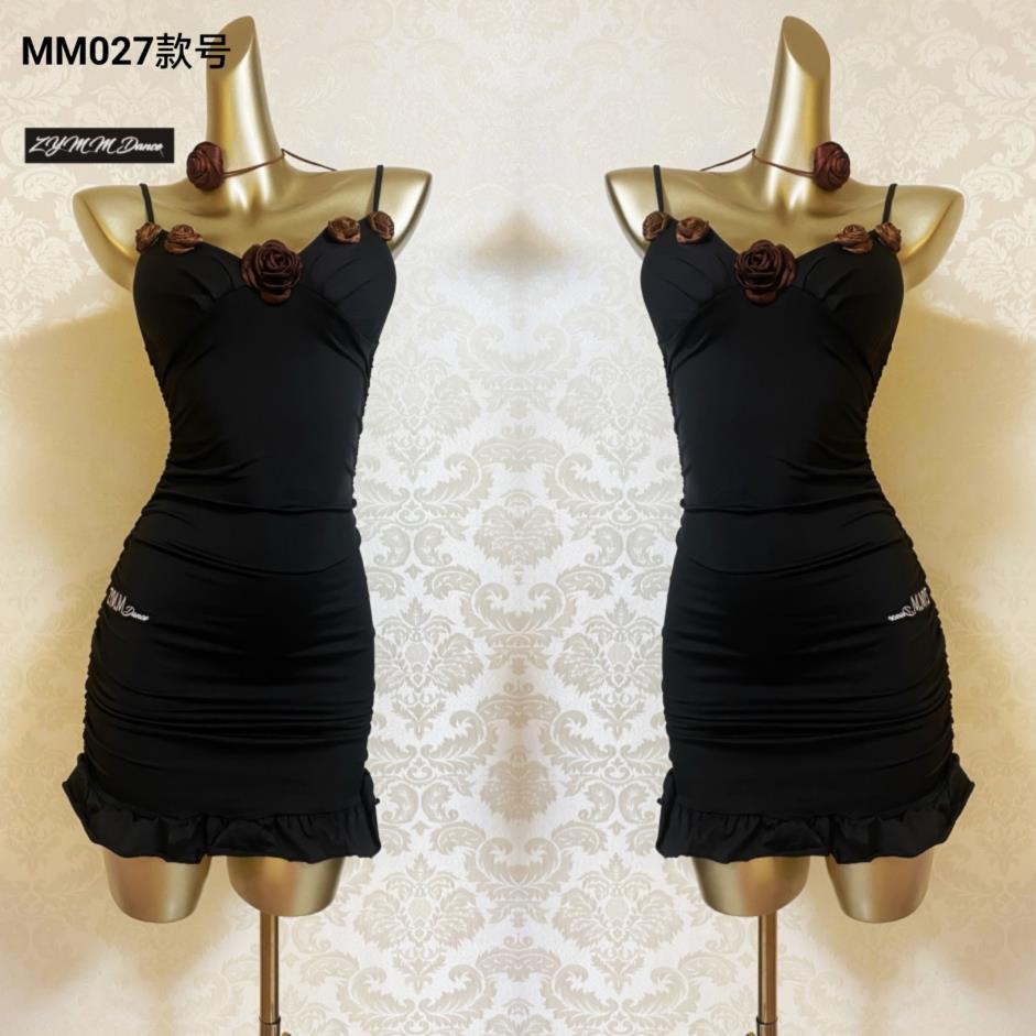 ZYSZYM·M拉丁舞服装成人女玫瑰咖褶皱包臀吊带裙练功服送颈带玫