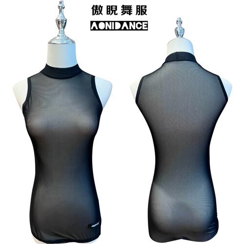 拉丁舞服无袖网纱连体上衣黑色体操服显瘦练舞艺考表演女教课c394