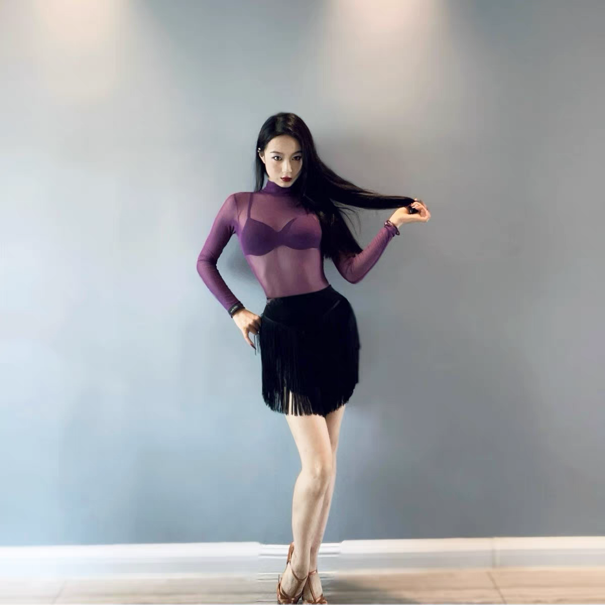 拉丁古典舞蹈网纱连体衣女成人长袖训练功形体操服性感透视上衣T