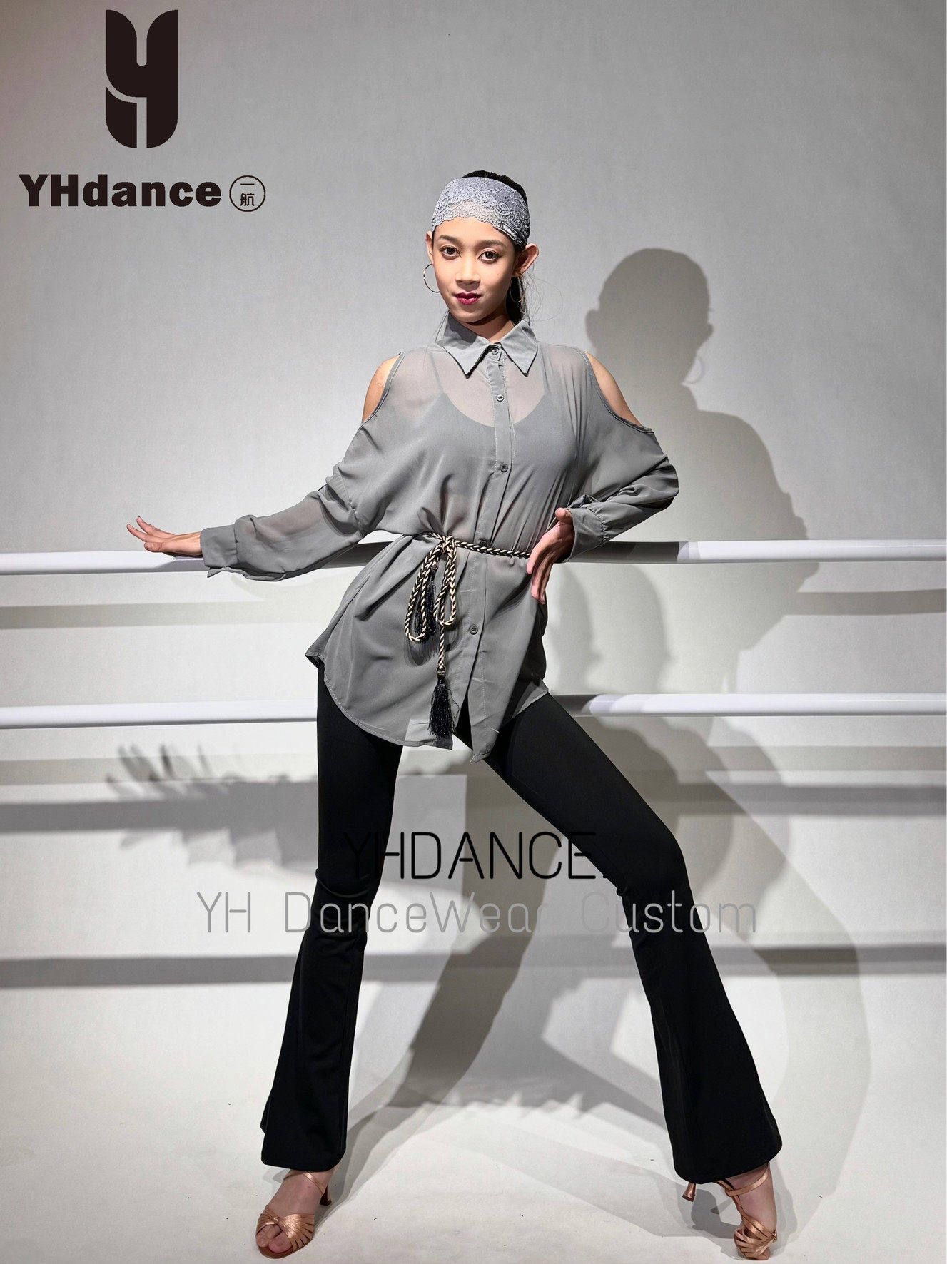 YHDANCE新款拉丁舞服长袖网纱衬衫连衣裙教课练舞送腰带练功服175