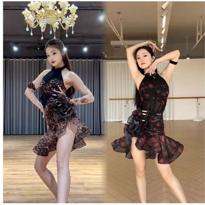 拉丁舞服黑网纱碎花豹纹拼接上衣豹纹鱼骨半裙演出艺考套装比赛服