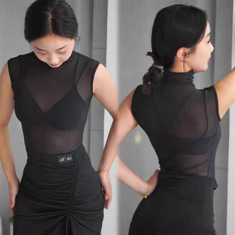 拉丁舞服无袖网纱连体上衣黑色体操服显瘦练舞艺考表演女教课c394