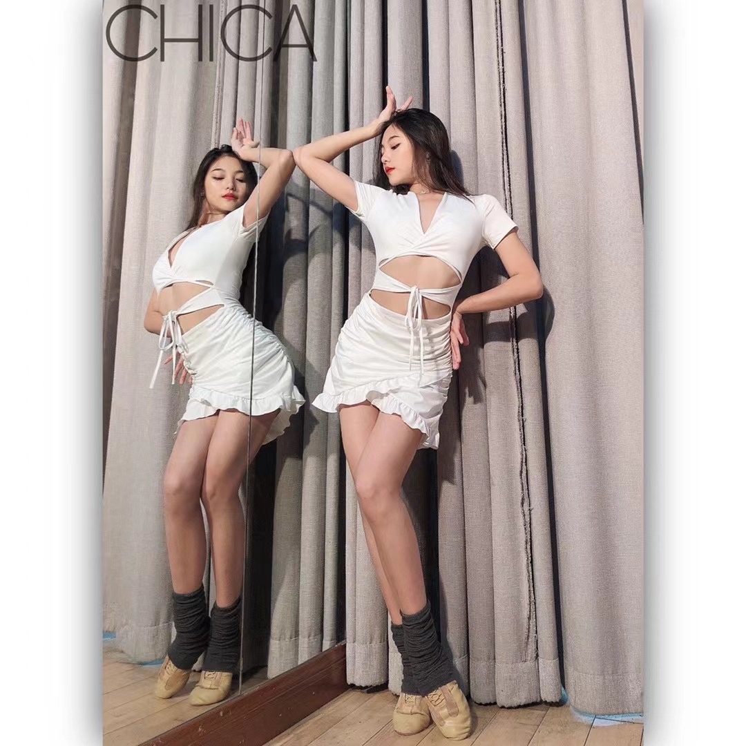 yh拉丁舞服連衣裙冰絲V領包臀