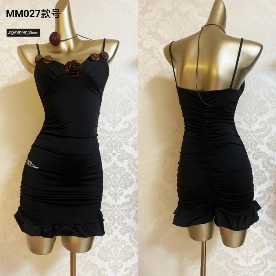 ZYSZYM·M拉丁舞服装成人女玫瑰咖褶皱包臀吊带裙练功服送颈带玫