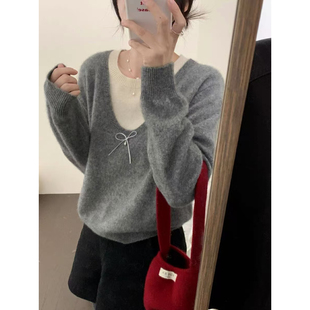 格雷系miu风灰色假两件针织衫女秋冬宽松小香风毛衣打底内搭上衣