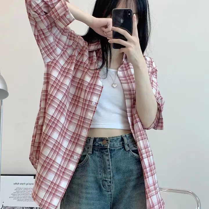 韩版春季经典格子衬衫休闲原宿风长袖复古显瘦时尚宽松衬衣外套女