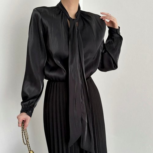 韩国东大门法式浪漫气质光泽感褶皱飘带系带领长袖衬衫上衣