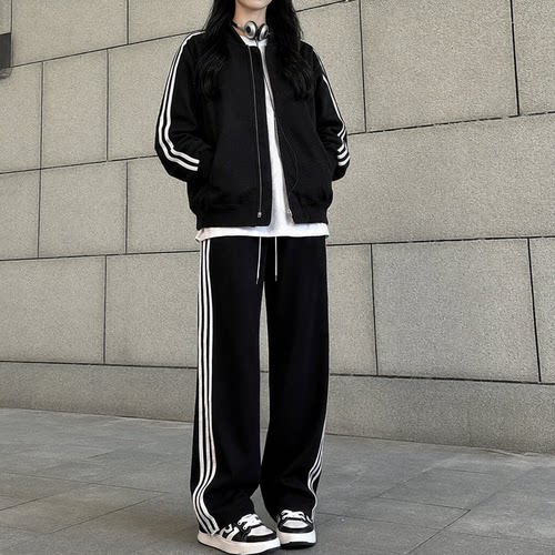 黑色条纹运动裤女款2026新款秋季宽松直筒阔腿裤小个子休闲卫裤子