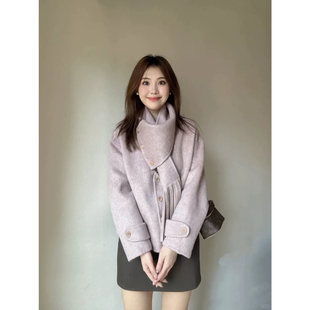 羊毛大衣女短款2025年秋冬新款高级设计感夹棉羊绒围巾领毛呢外套