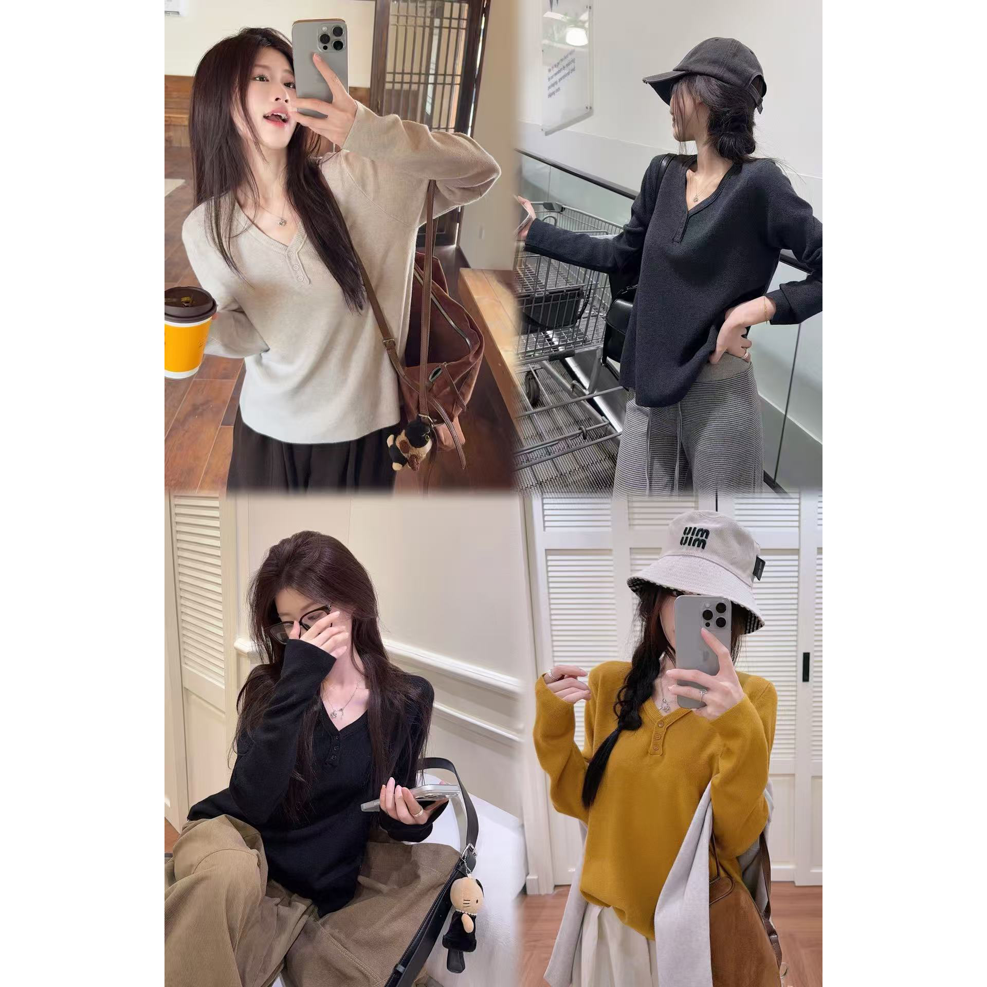 实拍  正肩半开领修身长袖针织衫女秋冬季韩系休闲百搭打底衫上衣