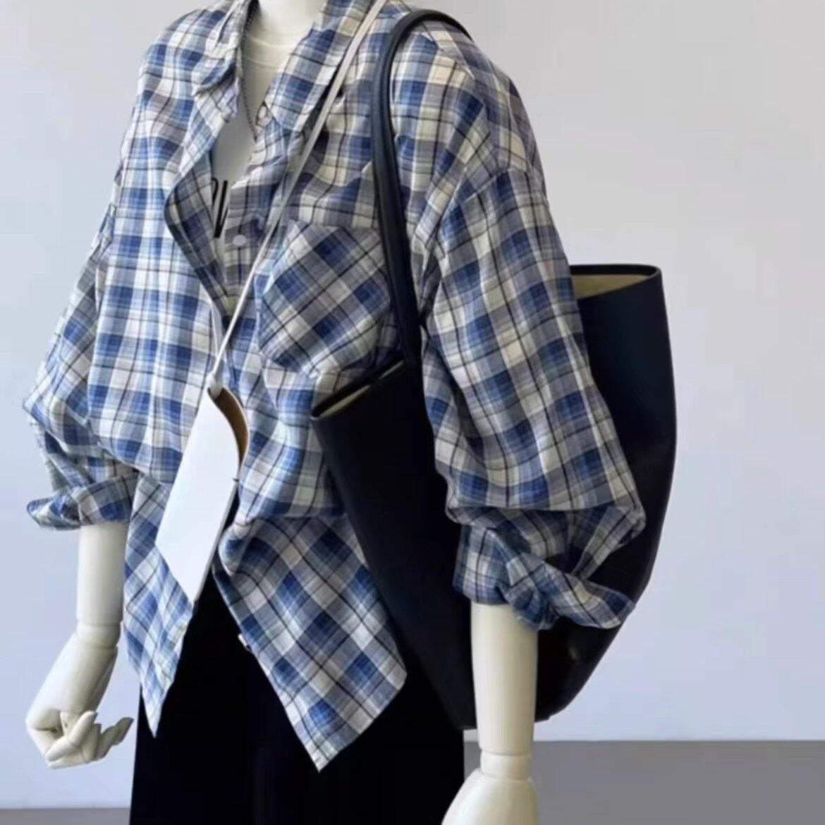 chic韩系氛围感穿搭格子衬衫女纯棉早秋女士轻熟上衣法式慵懒衬衣