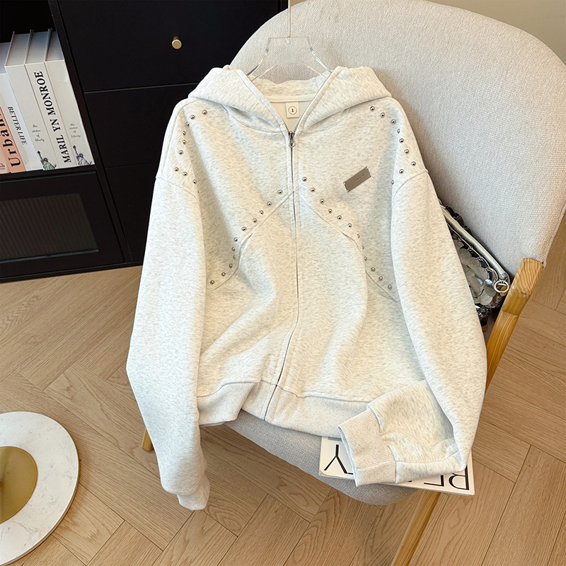 实拍实价大码女装卫衣女秋季薄铆钉刺绣拉链开衫外套新款连帽上衣