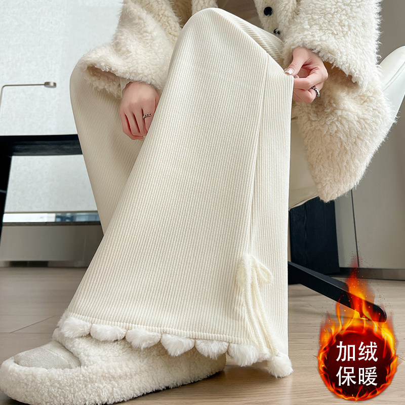 实拍蝴蝶结毛球加绒保暖针织阔腿裤女秋冬季高腰显瘦宽松直筒长裤,女装/女士精品,职业女裤套装,淘宝优惠券,粉丝福利购,淘宝优惠卷