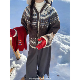 PPHOME自制~复古艺术生 重工加厚费尔岛毛衣冬季保暖连帽外套开衫