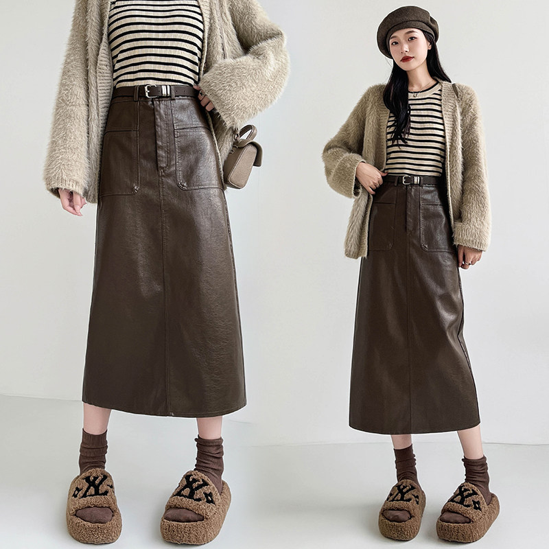 实拍 2025秋冬高腰显瘦中长款包臀开叉洗水皮半身一步长裙 送腰带,女装/女士精品,半身裙,淘宝优惠券,粉丝福利购,淘宝优惠卷