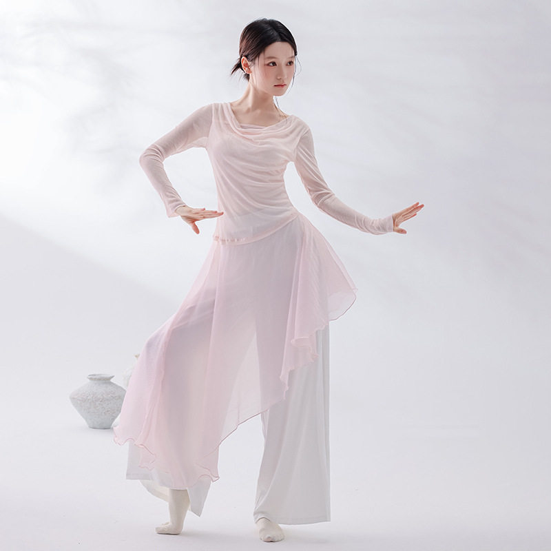 现代古典舞身韵连衣裙飘逸不规则荡领舞蹈服仙气长袖纱衣演出服女