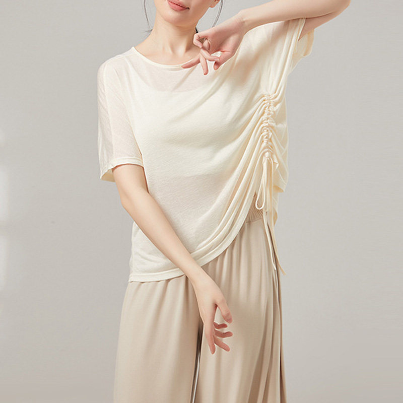 现代广场舞侧抽绳宽松罩衫圆领短袖夏季舞蹈服爵士舞练功服女上衣