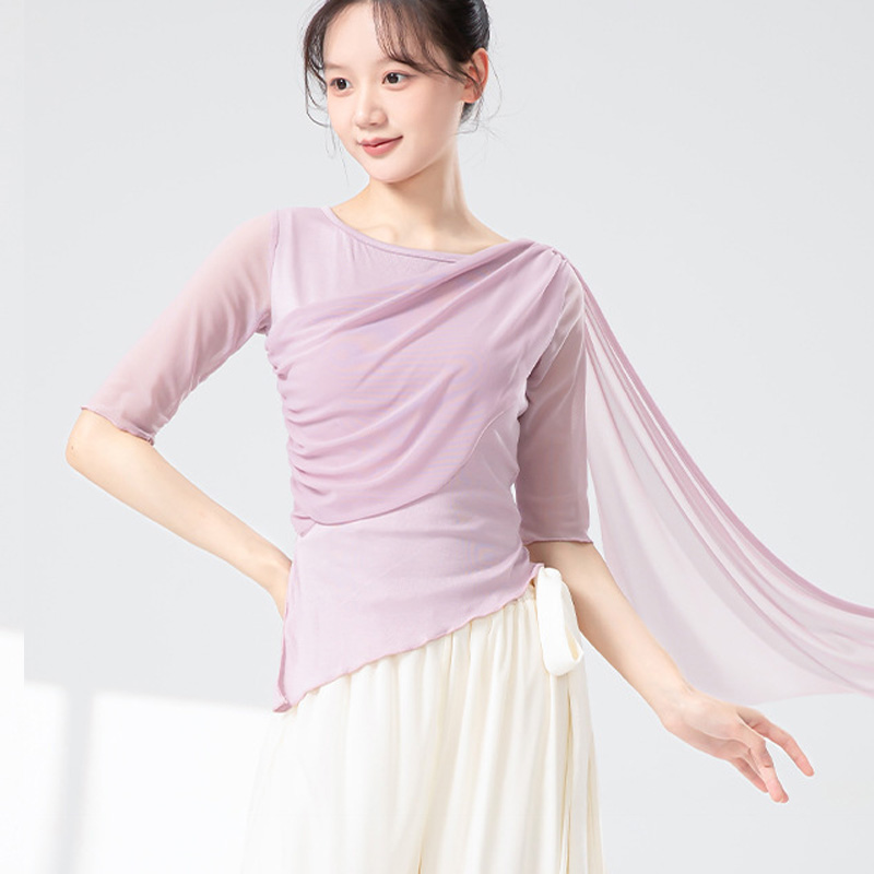 现代舞短袖纱衣练功服形体瑜伽上衣飘逸斜角舞蹈服成人网纱基训服
