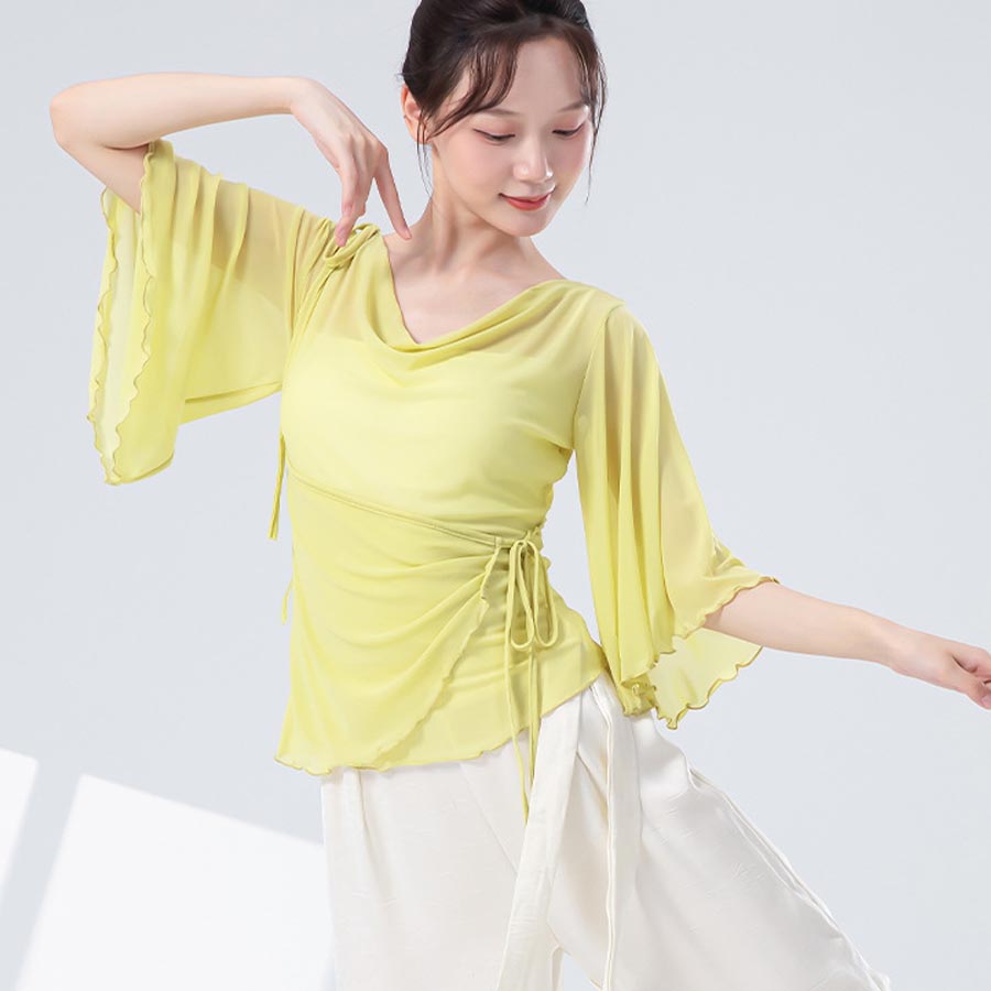 中国古典舞荡领舞蹈服身韵系带短袖网纱上衣现代舞学生纱衣练功服