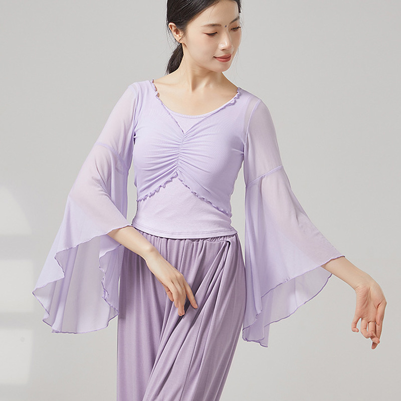 古典舞显瘦女纱衣飘逸喇叭袖舞蹈服身韵假两件跳舞上衣教师练功服