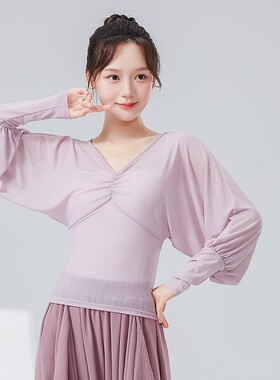 中国古典舞V领网纱练功服学生捏褶蝙蝠袖上衣收腰形体纱衣舞蹈服