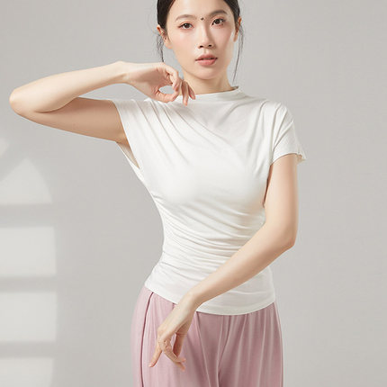 现代舞练功服女短袖斜领莫代尔上衣收腰显瘦舞蹈服学生瑜伽形体服