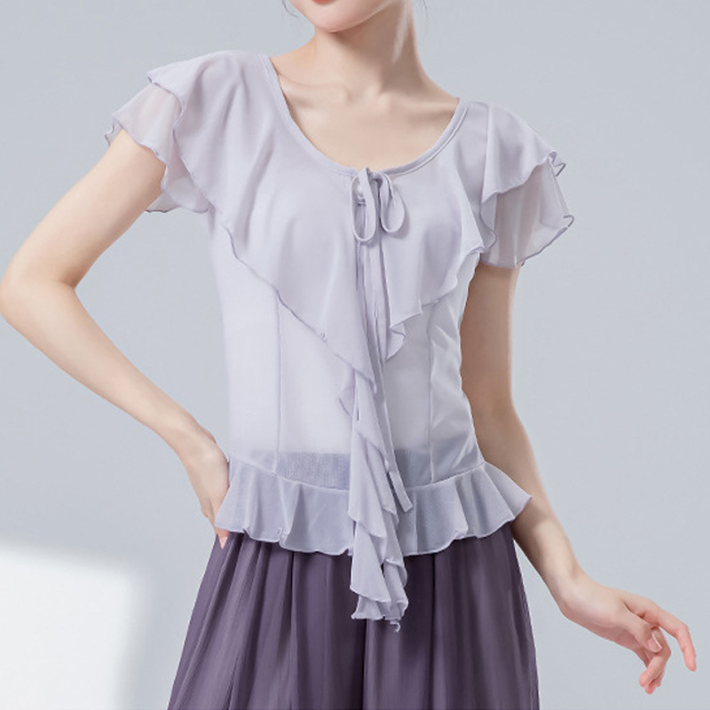 现代舞纱衣练功服女短袖荷叶边飘带舞蹈服修身网纱上衣学生演出服