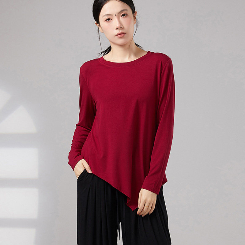 现代广场舞莫代尔上衣长袖不规则下摆练功服斜角形体训练服成人女