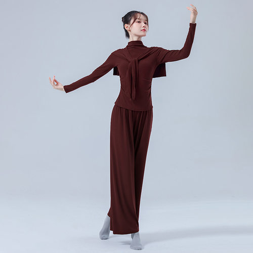 现代舞长袖半高领形体练功服成人中国舞显瘦瑜伽舞蹈服臀帘套装女