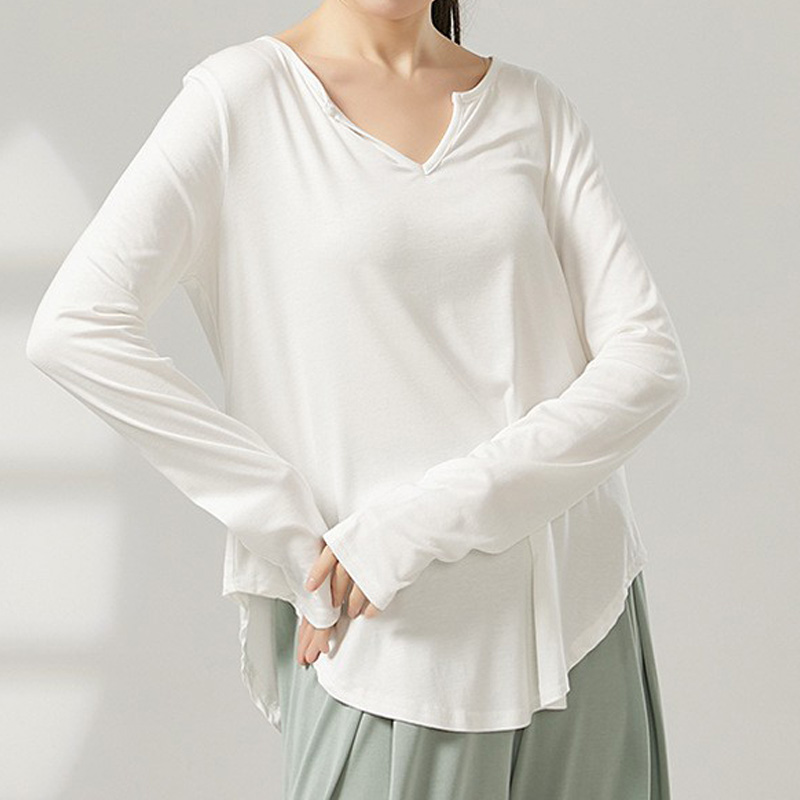 现代舞小V领上衣爵士舞宽松显瘦罩衫长袖t恤慵懒打底衫女跳舞上衣