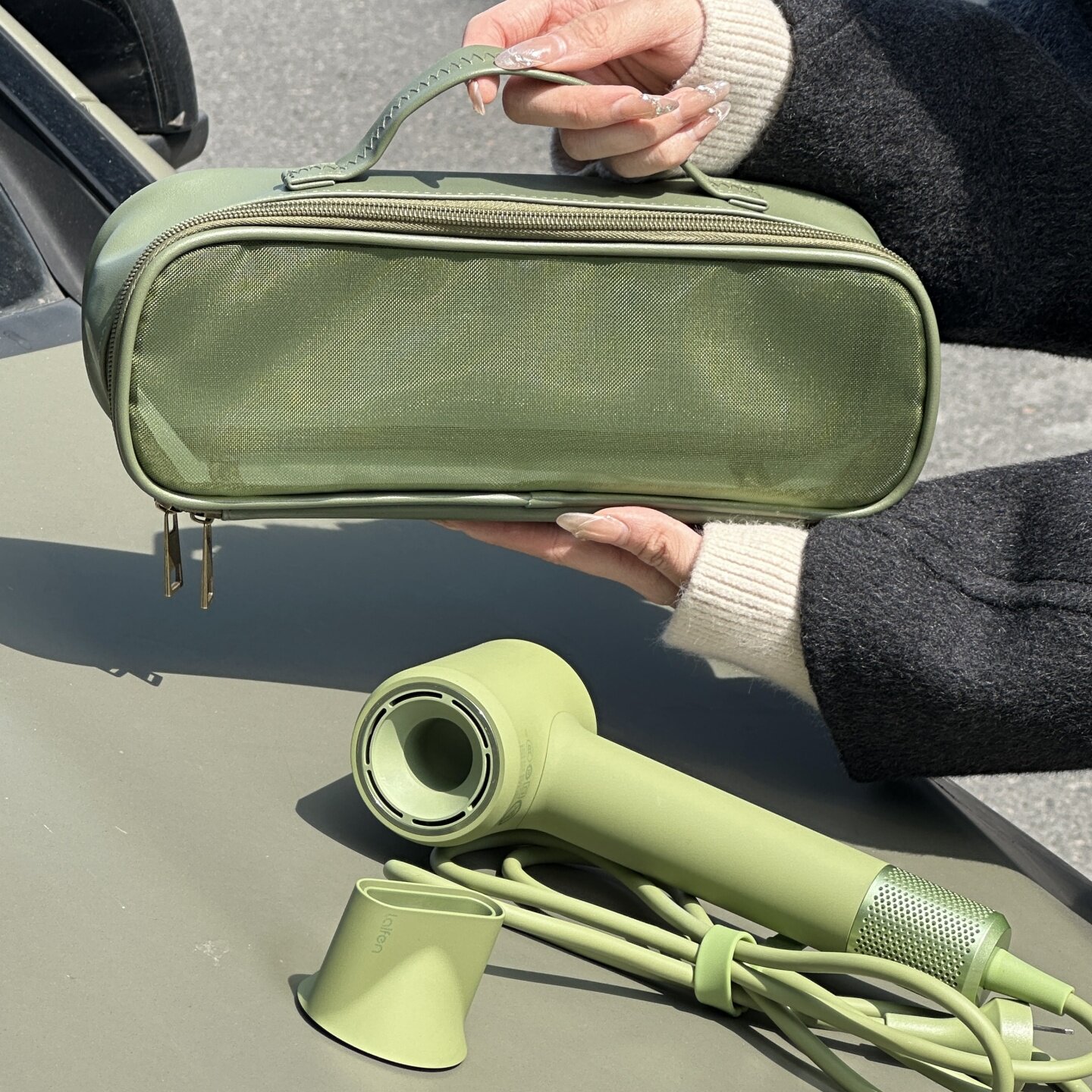 可手提环保皮吹风机收纳袋橄榄绿