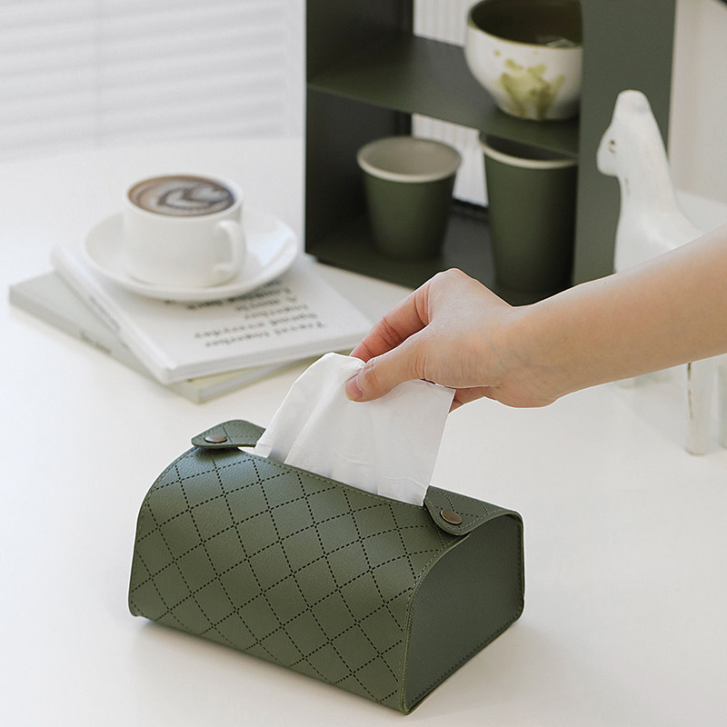 橄榄绿创意菱格纹环保pu皮纸巾盒