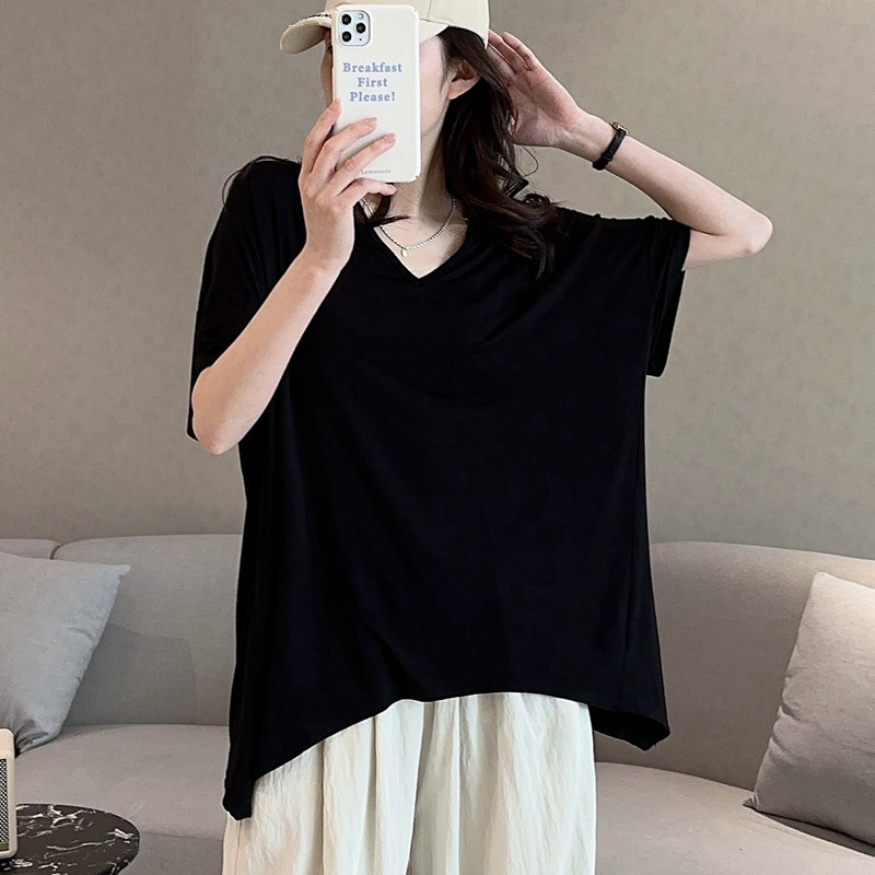 春夏薄款莫代尔宽松T恤V领短袖大码女装不规则上衣纯色百搭打底衫