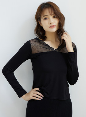 秋冬韩版蕾丝打底衫女拼接T恤莫代尔长袖V领上衣修身镂空网纱内搭
