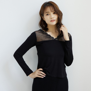秋冬韩版蕾丝打底衫女拼接T恤莫代尔长袖V领上衣修身镂空网纱内搭
