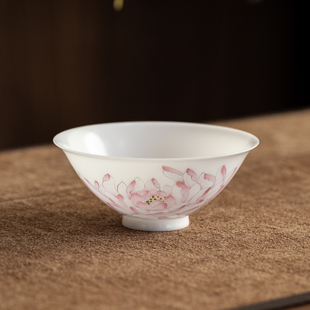 泥呆呆白皙玉泥手绘粉荷花斗笠杯薄胎主人杯中式花卉莲花白瓷茶杯