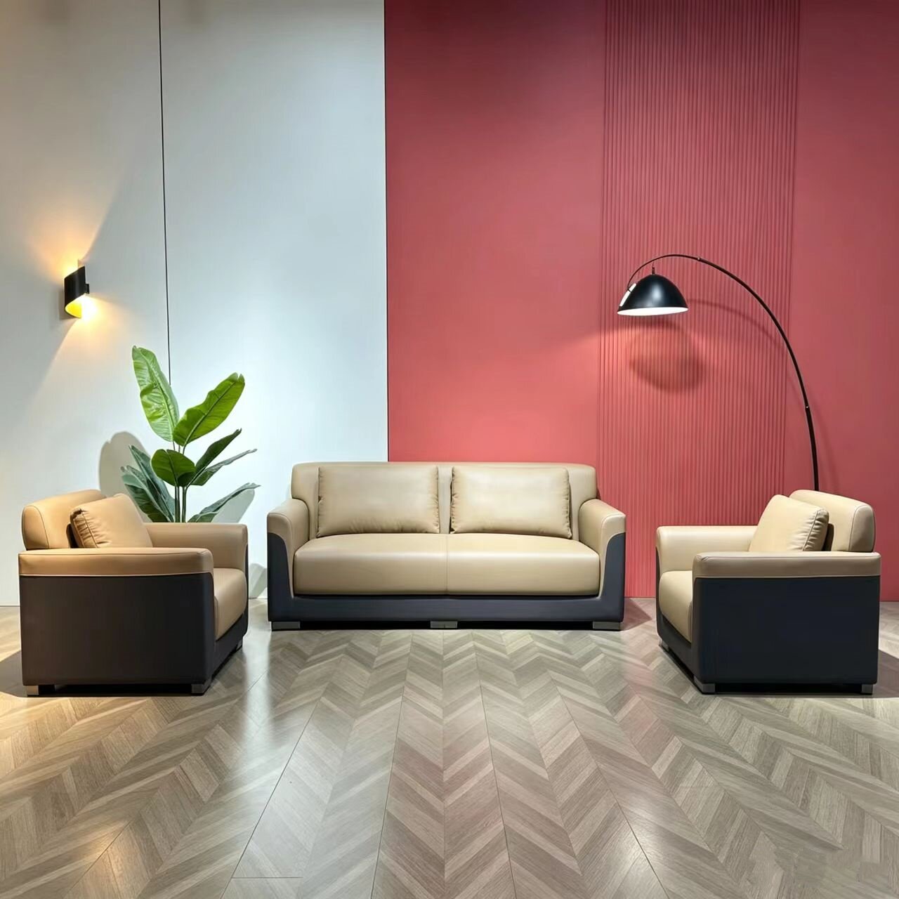 现代轻奢皮革办公会客沙发套装
