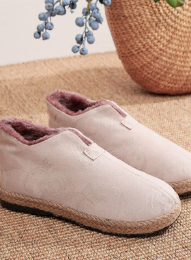 新款老北京布鞋冬棉麻加绒保暖鞋民族风禅意茶艺师女鞋平底家居鞋