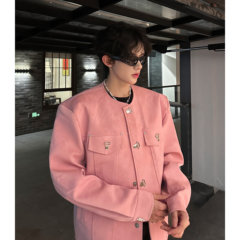 高级感金属磁吸扣无领皮衣百搭短款皮夹克小香风409-5618-P118,男装夹克,星座409(原A307）