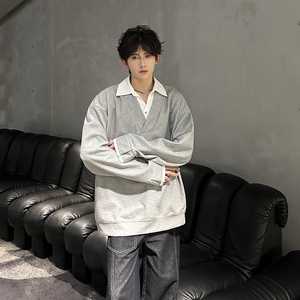 韩系假两件卫衣男早秋返校穿搭叠穿翻领长袖设计感小众衬衫领外套图片