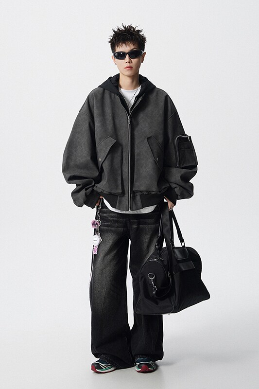 假两件拼接连帽拉链皮衣外套夹克宽松飞行服男百搭409-J200-P128,男装夹克,星座409(原A307）
