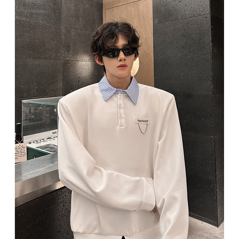 小众轻奢高级感条纹拼接假两件衬衫男痞帅Polo领上衣409-5625-P58，男装衬衫，星座409(原A307）
