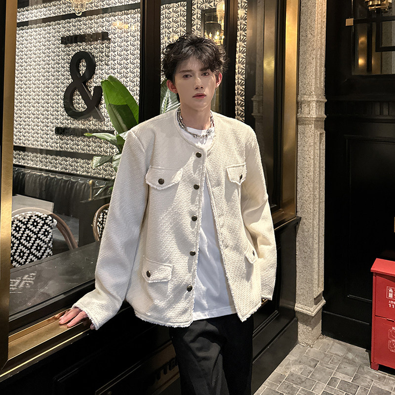 白色毛呢小香风外套男无领高级设计感垫肩夹克409-5606-P118,男装夹克,星座409(原A307）