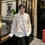 白色毛呢小香风外套男无领高级设计感垫肩夹克409-5606-P118，男装夹克，星座409(原A307）