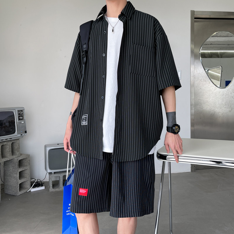 夏季休闲短袖衬衫男套装五分袖衬衣潮港风两件套404-2-TZ12,男装休闲套装,星座409(原A307）