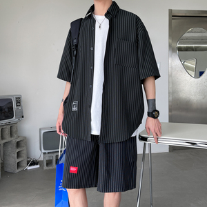 夏季休闲短袖衬衫男套装五分袖衬衣潮港风两件套404-2-TZ12图片