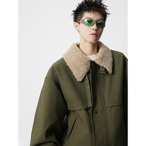 美式cleanfit羊羔绒翻领拼接夹克男短工装外套潮 409-J216-P125图片