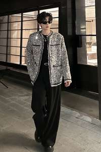 小香风垫肩外套男春秋款亮片炸街潮流休闲夹克上衣409-5562-P138图片