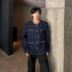 小香风短款外套男小众镶钻设计感新款毛边格子夹克409-5613-P138图片