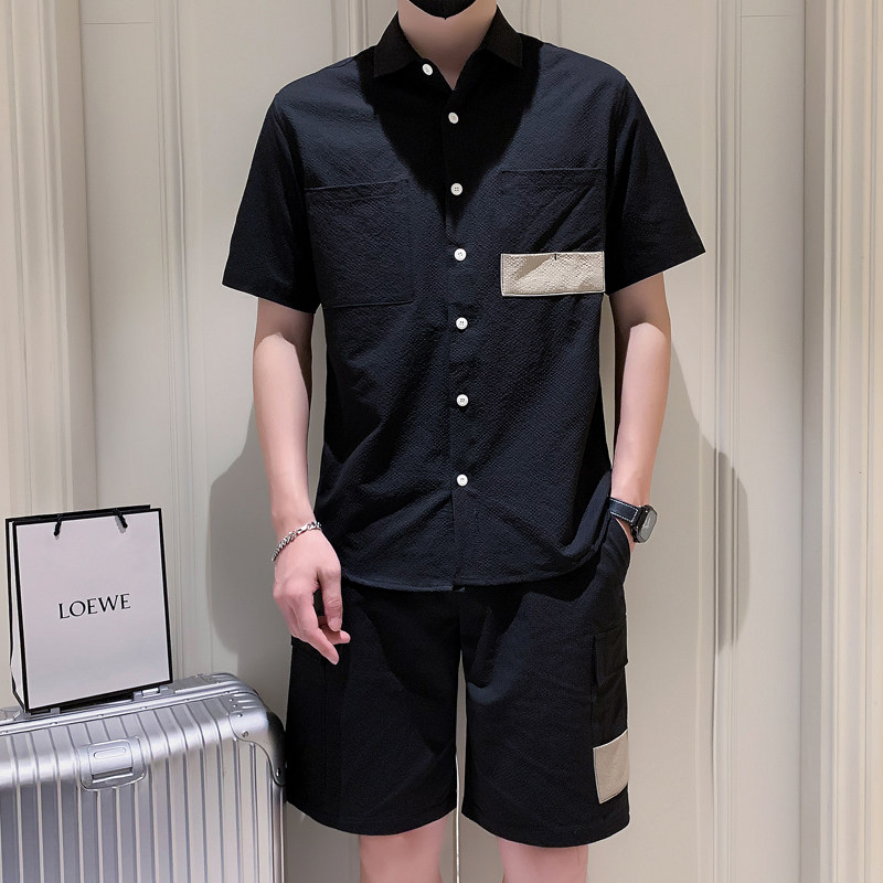 两件装短裤裤男修身韩版港风休闲裤短袖衬衫套装 A307-TZ56--P115图片